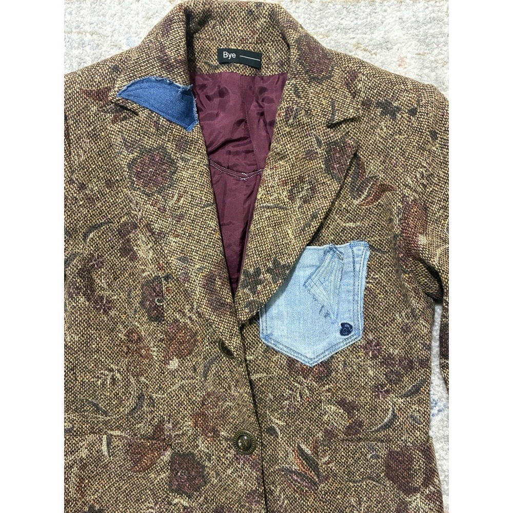 Upcycled Reworked Tweed Blazer Jacket Custom Patchwork Denim Boho Grunge Art - Picture 7 of 10